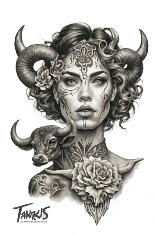 Women With Beautiful Face Holding Taurus Head In Her Hands