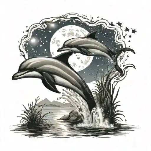 Dolphin Jumping In Moonlight Lake Scene With Stars