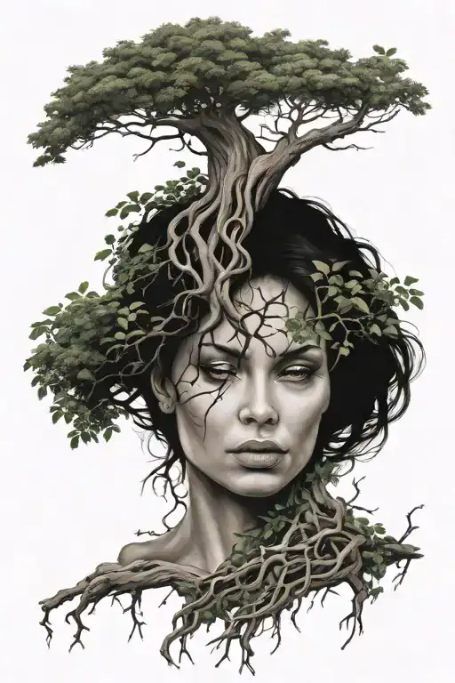 A Tree With Roots Of Love Leaves Of Pain Branches Of Life That Shows A Woman's Face 3D