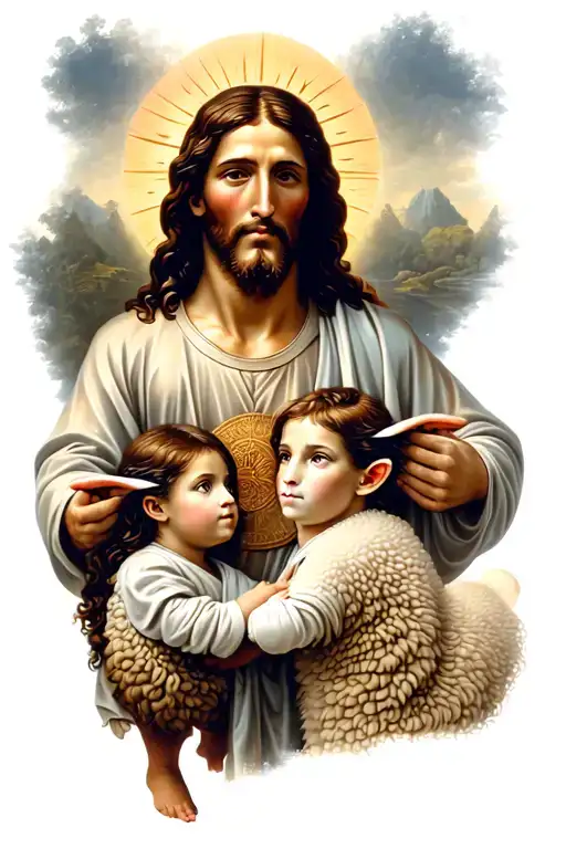 Jesus Christ With Two Children And Sheep