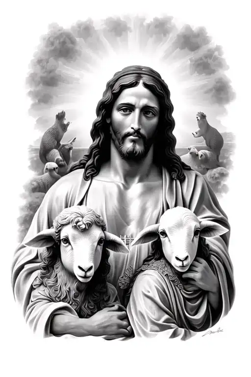Jesus Christ With Two Children And Sheep