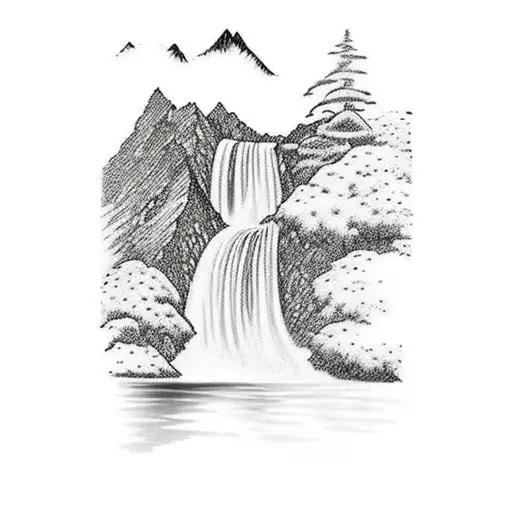 Mountains With Waterfall That Flows Down Onto A Pond Black And White