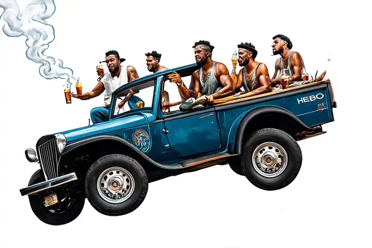 10 Guys Smoking And Drinking On A Road Trip And On The Car It Has Hebo On It