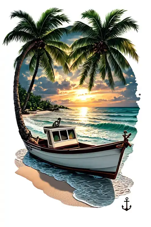 Beach With Palm Trees And Boat With Visible Anchor