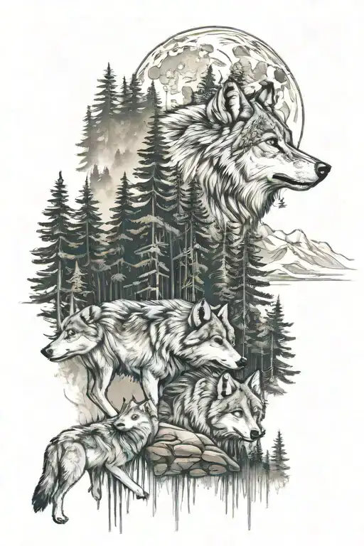 Mountain Forest And Wolves