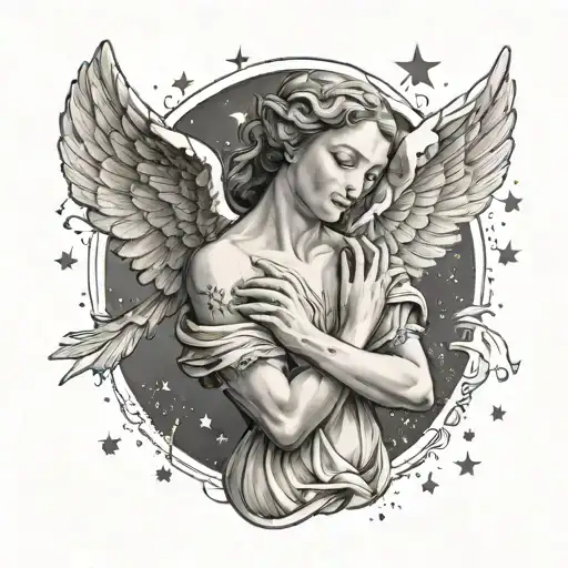 A Tattoo On The Hand With An Angel And Background With Stars