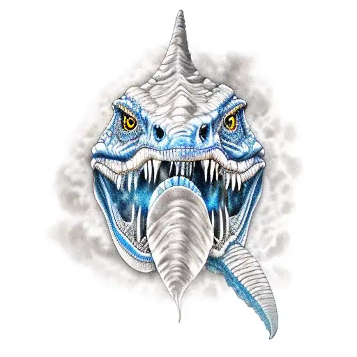 Blue Raptor Dinosaur In A Jungle Looking In Front