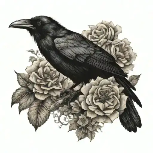Raven Perched And Flowers