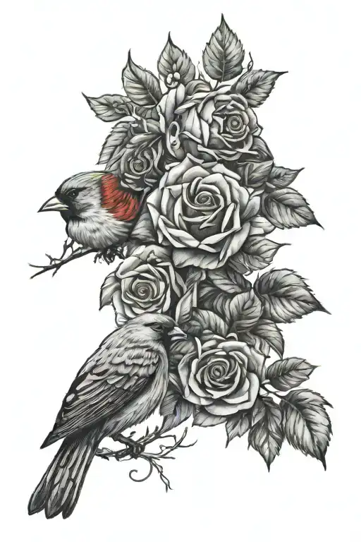Roses With A Cardinal Perched
