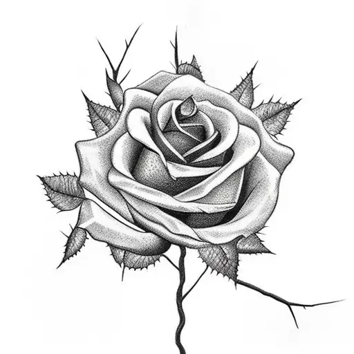 Black And Red Life Sized Gothic Rose With Stem And Leaves And Thorns