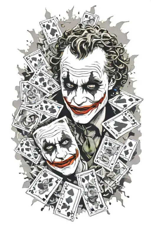 Heath Ledger As The Joker Face With Fling Cards Around Him In The Background A Big Explosion