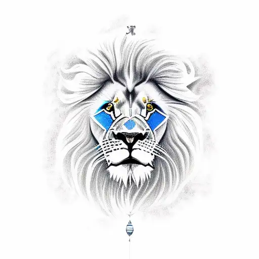 Lion With Blue Eyes And Holding Soccer Ball In Mouth