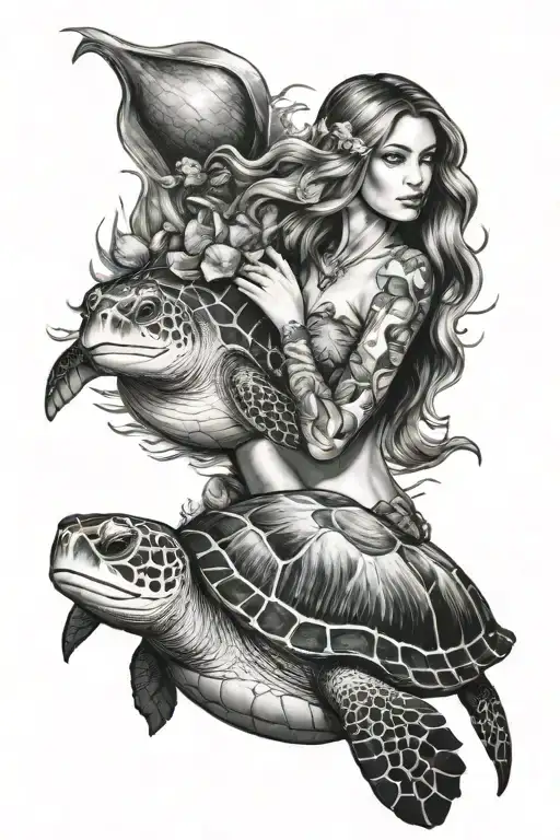 Mermaid And Turtle Swimming
