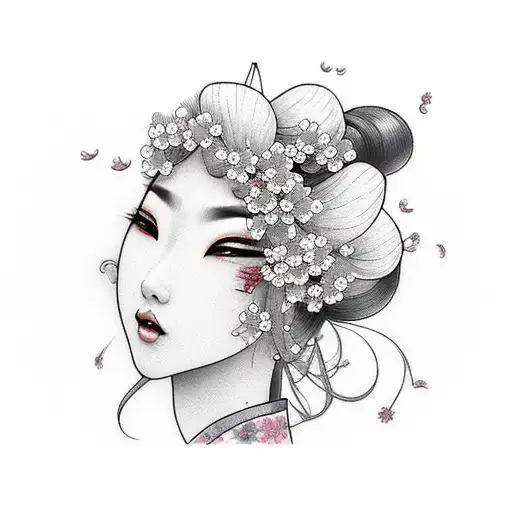 Beautiful Geisha Head Hair Blowing In Wind Turns Into Cherry Blossoms