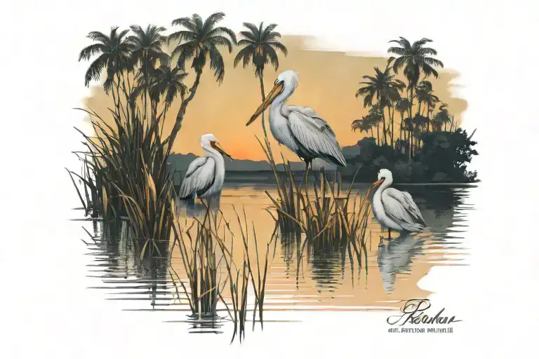 Water Pelicans Reeds Cypress Trees Colors Sunset