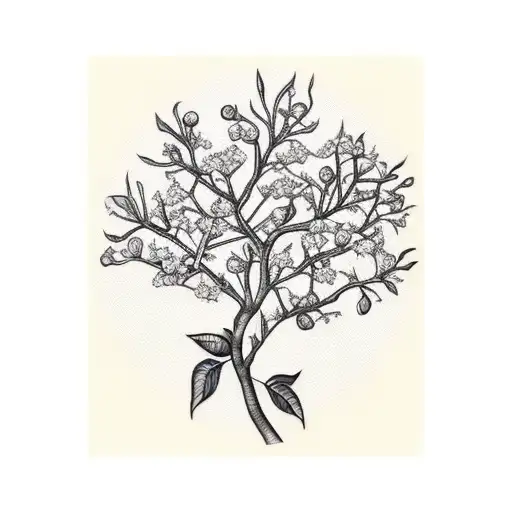 Long Thin Lemon Tree Branch With Lemons And Flowers