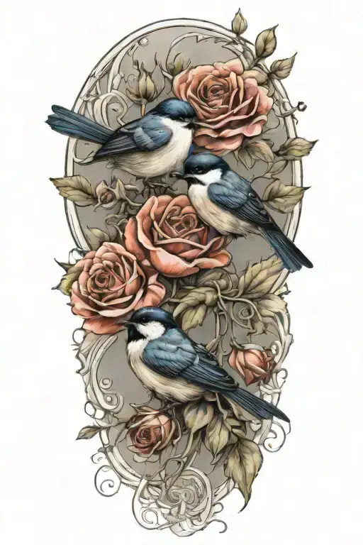 Swallow Bird Chickadee Roses Intertwined Poppies Growing