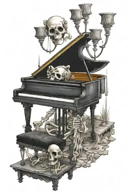 Skeleton Playing A Grand Piano In A Cob Webbed Theater With A Candelabra