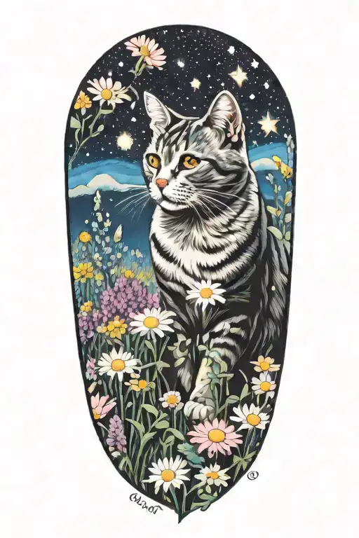 A Cat Exploring A Field Of Colorful Flowers Under A Starry Sky
