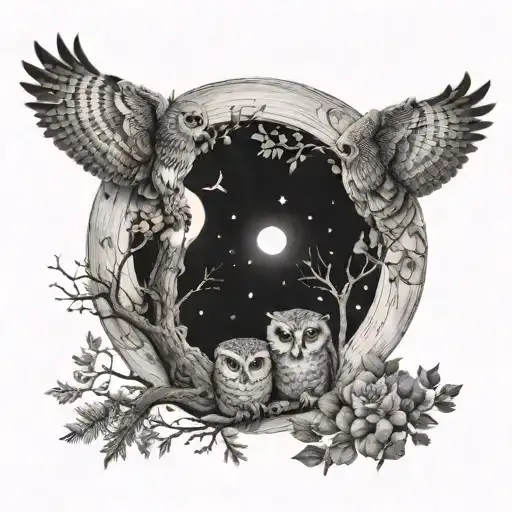Wooded Scene At Night With Baby Owls Flying Towards Moon