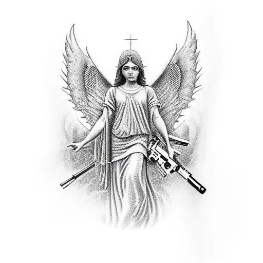 A Dotwork Tattoo Of A Guardian Angel Holding A Vintage Firearm