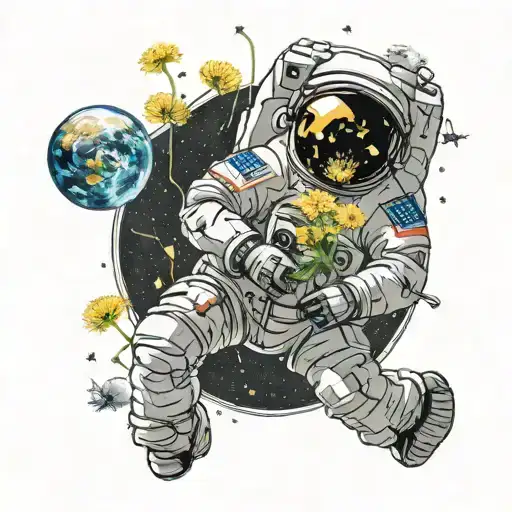 Astronaut Floating In Space Holding In His Hand A Small Dandelion Growing Out Of A Seed