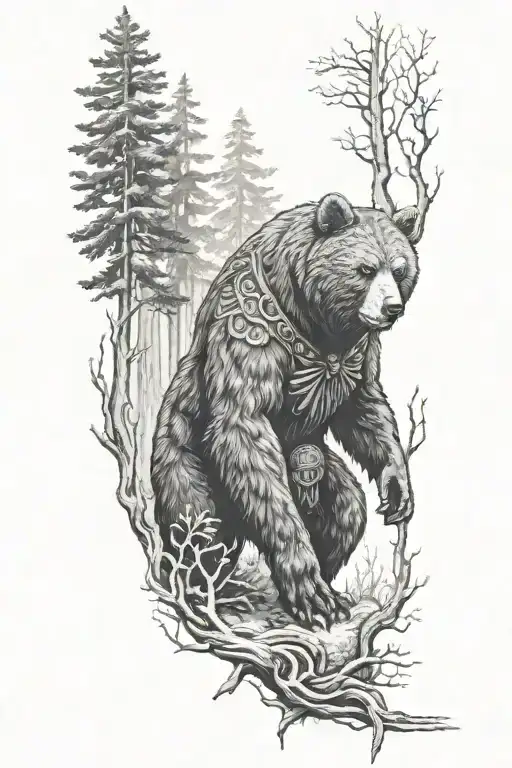 Slavic God Veles With A Bear In The Forest Scene