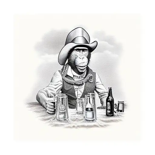 Monkey In Wild West Drinking Beer In Saloon