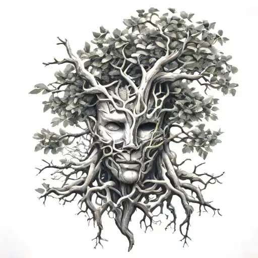 A Tattoo Of A Tree Whose Roots Wrap Around A Mask