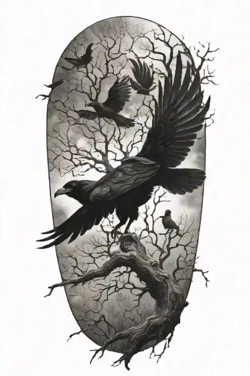 A Mystical Scene Of An Oak Tree Branch Transforming Into A Black Crow In A Surreal And Artistic Way