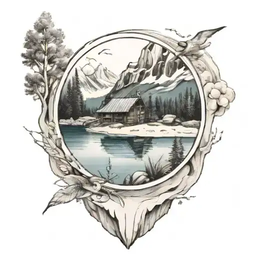A Circle With A Cabin And Mountains And Beach And Water Inside The Circle