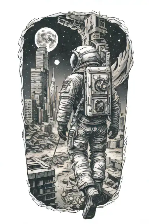 Astronaut Walking Towards An Abandoned Metropolis With Crumbling Skyscrapers Under Cosmic Sky