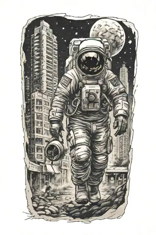 Astronaut Cowboy Walking Towards An Abandoned Metropolis With Crumbling Skyscrapers Under Cosmic Sky