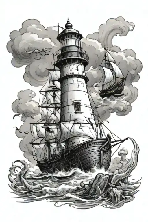 Light House Pirate Ship And Mermaid Black And White