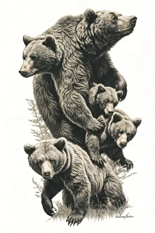 Bear Standing With 2 Cubs Climbing On Him