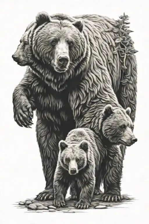 Bear Standing With 2 Cubs Climbing On Him