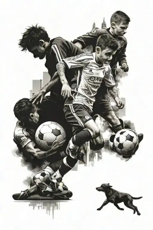 Children Football Players In City Skyline Merging