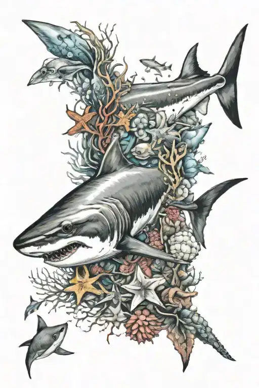 A Shark Swimming With A Stingray Surrounded By Sea Creatures And Colorful Coral