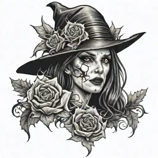 Witch Face With A Flower And Flashes Of Light And Dark