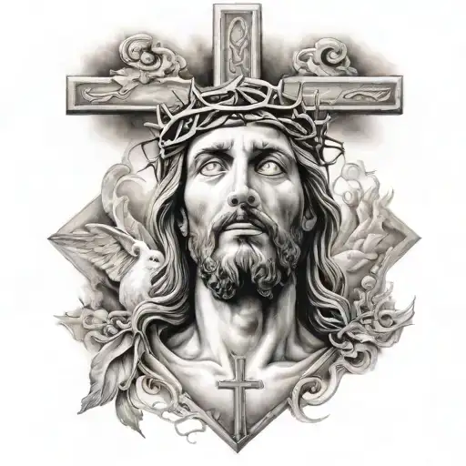 Jesus On A Cross Being Crufixed With Smoke In The Backround And A Dove