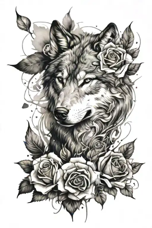 Abstract Wolf With Roses Growing