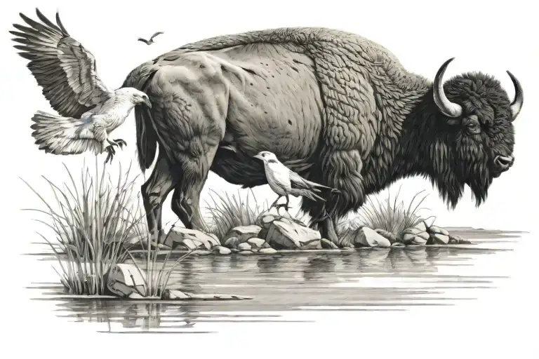 Bison And Seagull Sitting Overlooking Large Body Of Water