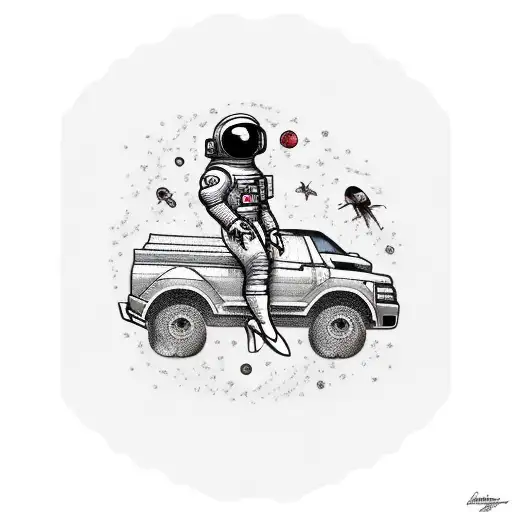 Astronaut Wearing A Ballerina Tutu Riding On The Back Of A Monster Truck