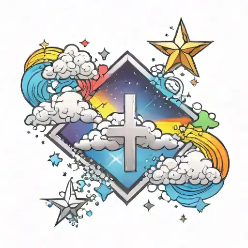Pixelated Stars With Clouds And Rainbow With Christian Cross