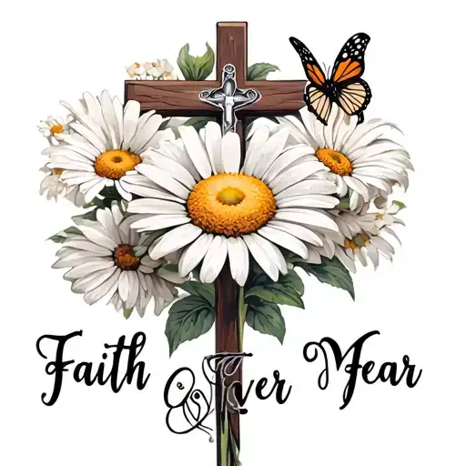Daisy Flower With Stem Daisy Mae In Cursive Writing Faith Over Fear With A Crucifix And Butterfly