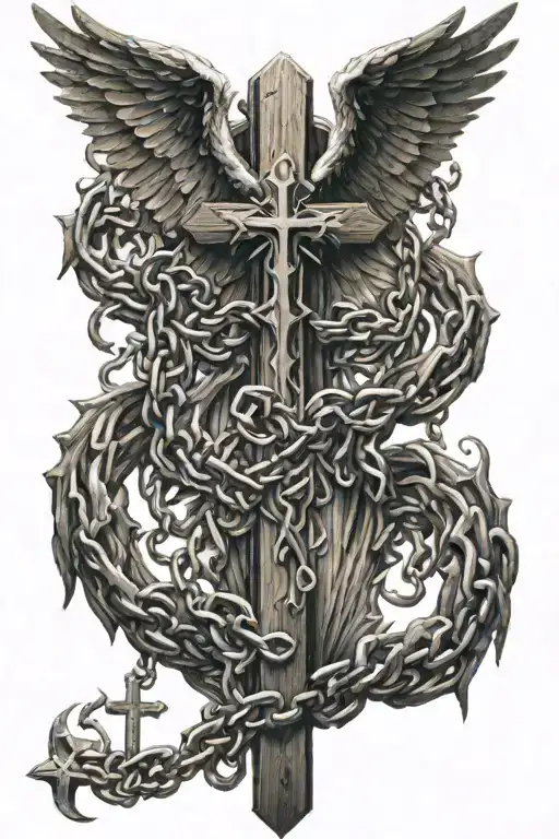 A Demonic And An Angelic Wing Attached To A Wooden Cross By Chains