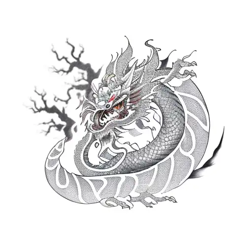 Chinese Dragon Intertwined Around A Crescent Moon And Orchid Flowers