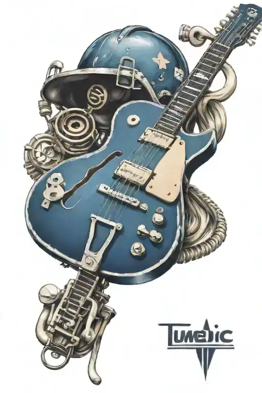 Dark Blue Accoustic Guitar With Medic Helmet Hanging From The Tuners