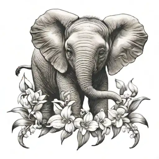 Baby Elephant Surrounded By Orchid Flowers Intertwined
