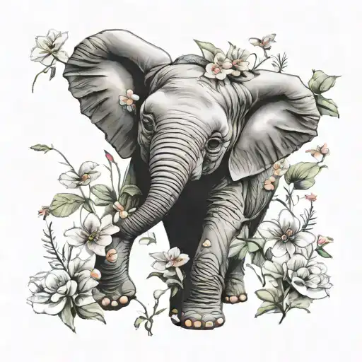 Baby Elephant Surrounded By Flowers